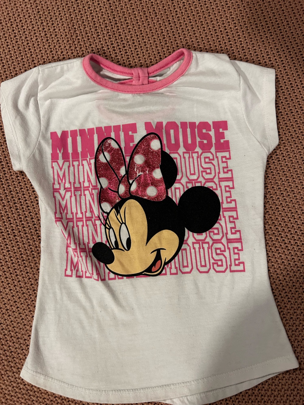 Disney Minnie Mouse Girls T-Shirt Size 5/6 White Pink Glitter Bow Graphic Tee
